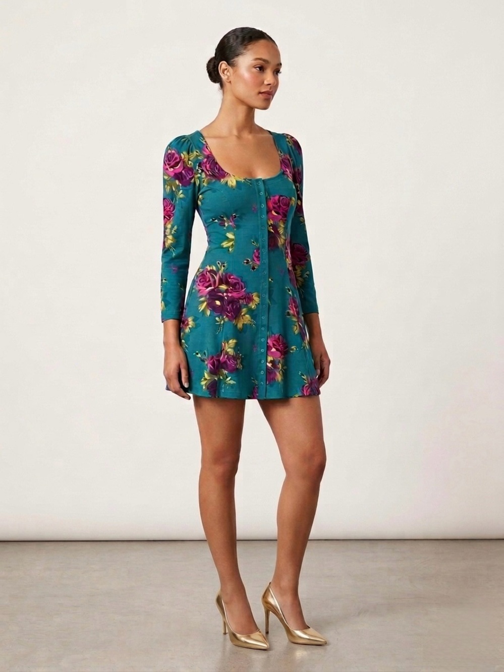 Betsey Johnson Teal Floral Square-Neck Mini Dress